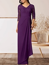 preiswerte Bodenlänge-Säule  Kolonne Mutter der Braut Kleid Hochzeitsgast Elegantes Hoher Schlitz V-Ausschnitt Bodenlanges Chiffon 3/4 Länge Ärmel mit Rüschenapplikationen Raffung