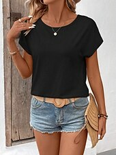 preiswerte Einfarbiges T-Shirt-Damen T-Shirt Einfarbig Einfach Mode Modern Lässig Kurzarm Rundhalsausschnitt Regulär Oberteile Täglich Wochenende Spitze Patchwork Schwarz Weiß Pink Khaki Sommer