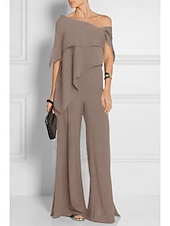 abordables Combinaisons pour maman-Combinaisons invitée de mariage élégante robe de mariage formelle fête longueur du sol manches courtes épaules dénudées automne invité de mariage chiffon avec volants 2025 taille sur mesure gratuite