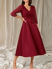 cheap Tea Length-A-Line Mother of the Bride Dress Wedding Guest Elegant Sweet V Neck Tea Length Satin Half Sleeve with Sash / Ribbon Beading Ruching 2025