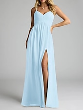 baratos Vestidos para Madrinhas-Vestido de dama de honra em corte A, decote em V / alças finas, sem mangas, elegante, longo, chiffon com pregas / frente aberta / franzido 2025