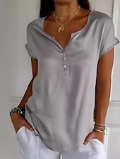 voordelige Dames eenvoudige tops-Dames Blouse Effen Kleur Stijlvol Casual Korte mouw V-hals Normale tops Dagelijks Knop Wit Bruin Groen Grijs Zomer