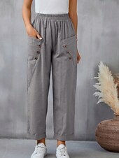 abordables Pantalon uni en coton et lin-Femmes Pantalon en coton et lin Slacks Mode Streetwear Longueur complète Naturel Uni Avec Poches Taille Élastique Confortable Sortir Week-end Chameau Noir Rose Bleu Été Coupe régulière