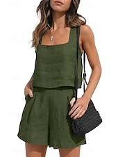 abordables Ensembles-Femmes Actif Basique Ensembles en coton et lin Sans manches Col carré Couleur Unie Décontracté Quotidien Noir Rose Claire Vert Véronèse Été Coupe régulière