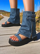 Χαμηλού Κόστους Μπότες αστραγάλου-Γυναικεία τζιν σανδάλια με πλατφόρμα Gladiator – ρετρό λεπτομέρεια με αγκράφα, ανοιχτά δάχτυλα, casual στυλ φεστιβάλ για καλοκαιρινό streetwear