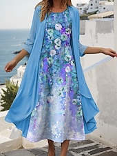 preiswerte Blumenkleid-Damen Kleid-Set Shiftkleid Sommerkleid Lässig Ombre Blumen Druck Midikleid Dreiviertelarm Rundhalsausschnitt Täglich Blau Purpur Fuchsie Sommer Frühling Normale Passform