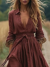 abordables Robes Bohémiennes-Femmes Robe Longue Maxi Robe Robe Décontractée Robe évasée Robe d&#039;été Robe bohème ancien Vacances Quotidien Fête Coupe régulière Léopard manche longue Col en V Fuchsia Été
