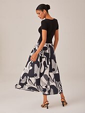 economico Abiti floreali-Abito lungo da donna in bianco e nero lavorato a maglia, patchwork, tessuto, stampa geometrica astratta, elegante, gonna a trapezio, svolazzante, elastico in vita, casual, da indossare tutti i giorni