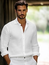 preiswerte Freizeitanzüge-Herrenhemd Leinenhemd klassisch lässig Strandhemd Standard Fit Langarm Revers einfarbig Baumwolle Leinen weiß beige grau