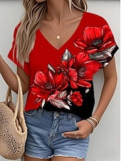abordables T-shirt floral-Femmes T-shirt A Ombre Graphique Plantes Mode Hawaïen Occasionnel manche longue Col en V Hauts Réguliers Quotidien Sortir Week-end Imprimé Jaune Rouge Été Printemps