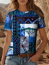 Χαμηλού Κόστους Boho t-shirt-Γυναικεία Μπλουζάκι Γραφική Γεωμετρικό Συνδυασμός Χρωμάτων Βοημία Βίντατζ Etnic Κοντομάνικο Στρογγυλή Ψηλή Λαιμόκοψη Στρογγυλή Λαιμόκοψη Κανονικά μπλουζάκια Καθημερινά Εξόδου Σαββατοκύριακο Στάμπα