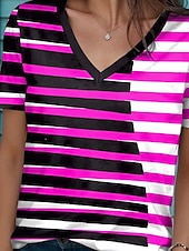 ieftine Tricou cu dungi și geometric-Pentru femei Tricou Grafic Geometric Epocă Stilat Modern Manșon scurt În V Topuri obișnuite Zilnic Imprimeu Fucsia Vară Primăvară