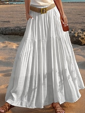 abordables concevoir des robes en coton et lin-Femmes Taille Asiatique Évasé Jupes en lin Occasionnel Été Midi Taille haute Jupes Couleur Unie Froncé Plissé Avec Poches Élastique Vacances Quotidien Vin Rouge pastèque Moutarde verte couleur orange