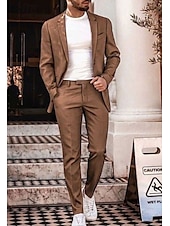 voordelige Casual pakken-Heren Bruiloft Strand Linnen pakken Bruin Beige Effen Getailleerd 2-delige set Enkele rij knopen met twee knopen