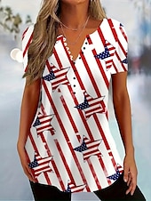 cheap Independence Day Top-Independence Day Women&#039;s Blouse Flag Stylish Casual Beach Short Sleeve V Neck Regular Tops Daily Buttons Print White Wine Red Blue Summer