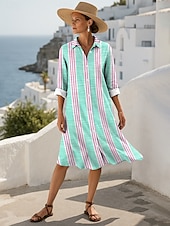 ieftine Rochie cu dungi și geometrică-Pentru femei Rochii Midi Rochii Tricou Casual Dată Potrivire Largă Floral Grafic Manșon Lung Guler Cămașă Galben Roz Îmbujorat Albastru piscină Trifoi Toamnă Iarnă