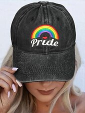 abordables Chapeaux pour femmes-Casquette de baseball LGBTQ en denim vieilli pour femme avec arc-en-ciel et cœurs brodés - Casquette de baseball ajustable pour les défilés de la fierté, les festivals et les tenues décontractées