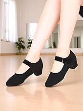 ieftine Pantofi Dans Latin-Pantofi de dans negri cu toc jos pentru femei, din material elastic și respirabil, pentru antrenament profesional de dans latin sau jazz