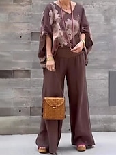 economico Abiti da donna con camicetta-Per donna Attivo Camicie di cotone e lino Blusa Set di Pantaloni Mezza Manica Scollo a V Stampa Stampato Vacanza Ferie Blu marino Viola Marrone Estate Vestibilità regolare