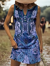 cheap Boho Dress-Women&#039;s Mini Dress Sundress A Line Dress Summer Dress Off The Shoulder Dress Casual Holiday Beach Regular Fit Graphic Paisley Bohemian Sleeveless V Neck Light Yellow Red Blue Purple Summer Spring