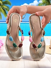 billige Ferietøfler-dameflip-flops med platåpynt og kileform – fargerike bohemske sandaler med espadrillesåle for strandferie, bassengfest og sommerferieanlegg