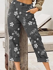 economico Pantaloni in cotone e lino con grafica-Per donna Pantaloni in cotone e lino Moda Streetwear Lunghezza intera Naturale Fiore Tasca Elastico in vita Stampa Comodo All&#039;aperto Confortevole Vacanza Streetwear Nero Rosa Blu Cachi Estate