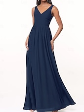 baratos Vestidos para Madrinhas-Vestido de Dama de Honra A-Line Decote V Sem Mangas Elegante Comprimento Total Chiffon com Plissado  Franzido