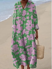 cheap Floral Dress-Women&#039;s Midi Dress Sundress A Line Dress Vacation Casual Boho Party Going out Beach Floral Graphic Long Sleeve V Neck Gray Green Dark Pink off-white Pink / White Summer Spring