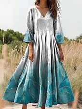 preiswerte Boho Kleider-Damen Maxikleid Sommerkleid A Linie Kleid Faltenkleid Urlaub Lässig Boho Ausgehen Lässiger Schnitt Blumen Grafik Dreiviertelarm V Ausschnitt Schwarz Gelb Blau Grün Sommer Frühling