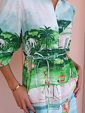 abordables concevoir des robes en coton et lin-Femmes Robe Longue Maxi Robe Robes en coton et lin Robe Décontractée Mode Extérieur Soirée Fête Coupe régulière Paysage Manche 3/4 Col de chemise Vert Été