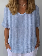 economico T-shirt a righe e geometrico-Per donna Camicia Grafico Geometrico A righe Elegante Classico Casual Manica Corta Scollo a V Top Regolari Quotidiano Abbigliamento mare Abbigliamento da vacanza Stampato Verde chiaro Blu Grigio