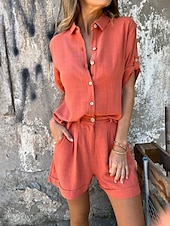 abordables Ensembles-Femmes Actif Mode Chemises en coton et lin Ensembles en coton et lin Chemisier Manche Courte Col de chemise Couleur Unie Dubbele Rij Knopen Sortir Week-end Noir Blanche Bleu Été Coupe régulière