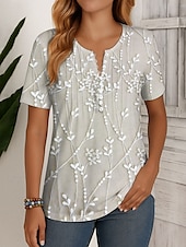 abordables T-shirt floral-Femmes T-shirt Fleuri Graphique ancien Élégant Classique Manche Courte Col rond Hauts Réguliers Quotidien Week-end Tenue de plage Boutons Smocké Imprimé Bleu Blanc Ecru Été Printemps