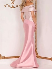 preiswerte WEISS-Meerjungfrau  Trompete Abendkleid Elegantes Kleid Formelle Hochzeit Bodenlang Ärmellos Offene Schulter Satin mit Perlen