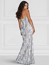 tanie kwiaty-Sukienka kwiatowa z żakardu sukienka peplum sukienka wieczorowa w kształcie syreny  trąby Elegancka sukienka formalna weselna na długość podłogi bez ramiączek z falbankami