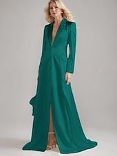 preiswerte Bodenlänge-Blazer Kleid A-Linie Brautmutterkleid Smokingkleid Elegant Einfach Luxuriös V-Ausschnitt Mit Revers Bodenlang Satin Langarm mit Falten