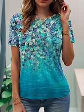 ieftine tricou floral-Pentru femei Tricou Floral Grafic Plante Epocă Stilat Clasic Manșon scurt Stil Nautic Rotund Topuri obișnuite Zilnic Imprimeu Albastru piscină Curcubeu Vară Primăvară