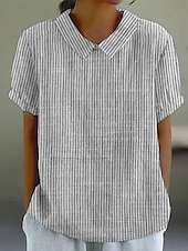 billige Kvinne Striper &amp; Geometriske Topper-Dame Bluse Grafisk Geometrisk Stripet Elegant Daglig Stilfull Kortermet Skjortekrage Vanlige topper Arbeid Daglig Ferie Trykt mønster Rosa Blå Grønn Grå Sommer Vår