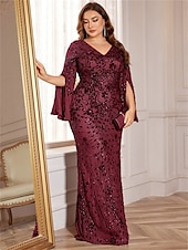 economico VERDE-Abiti Plus Size Sirena  Tromba Elegante Abito Curvilineo Formale Matrimonio Lunghezza Piena a Manica Lunga con Scollatura a V in Paillettes con Paillettes