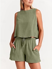 cheap Sets-Women&#039;s Active Basic Cotton Linen Sets Blouse Shorts Sets Sleeveless Crew Neck Solid Color Drawstring Going out Weekend Black Blue Orange Summer Regular Fit