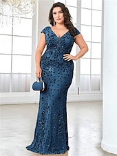 cheap BLUE-Mermaid / Trumpet Plus Size Dresses Elegant Curve Dress Formal Wedding Floor Length Short Sleeve V Neck Lace Backless with Sequin