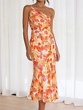 abordables Robes Floraux Imprimés-Femmes Robe Midi Robe Fleurie Robe Imprimée Mode Moderne Extérieur Vacances Week-end Coupe régulière Fleur Sans manches Une Épaule Jaune Bleu Violet Orange Été