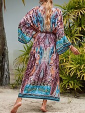 abordables Caftans-Femmes Maillots de Bain Vêtement couvrant Maillot de bain Nœud devant Tenues de plage Boho Fleur Col en V manche longue Maillots de bain