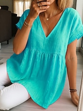 preiswerte Hemden-Damen Sommer Tops Casual Kurzarm V-Ausschnitt Regular Tops Hellgrün Rosa Rot Staubblau Sommerhemd Bluse Baumwolle Leinen Hemden Einfarbig Basic Modern Shirt
