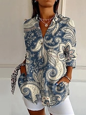 abordables Hauts de Vacances pour Femmes-Femmes Chemise Fleur Quotidien Élégant Basique Demi Manches Col en V Hauts Réguliers Quotidien Fête Imprimé Blanche Bleu Beige Printemps Automne