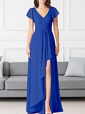 economico Abiti da damigella-Abito da damigella a trapezio, scollo a V, maniche lunghe, elegante, strascico a ruota in chiffon con pieghe e volant 2025