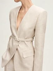 cheap Mom&#039;s Pant Suits-Collarless Blazer Two Piece Pantsuit Pantsuit Linen Blended Mother of the Bride Pantsuit Elegant Simple Minimalist V Neck Floor Length Long Sleeve with Solid Color 2025