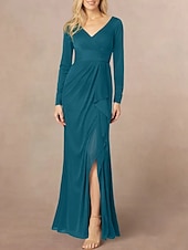 abordables Longueur du plancher-Sirène / Trompette Robe de Mère de Mariée  robe demoiselle d honneur Élégant Col en V Longueur au sol Chiffon manche longue avec Volants Devant Fendu Fronces 2025