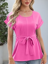 billige Kvinne Enkle Topper-Dame Bluse Helfarge Stilfull Fritid Kortermet Crew-hals Vanlige topper Daglig Blondér Blå Fuksia Grønn Aprikos Sommer