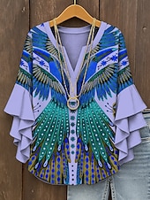 tanie Damskie topy boho-Damska koszula retro z warstwowym rękawem w falbanki vintage z graficznym wzorem geometrycznym abstrakcyjnym bohemia vintage codzienna z rękawem 3/4 półrękawem dekoltem w serek regularna na co dzień